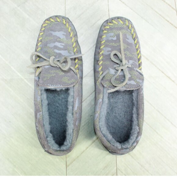 LL Bean Feldspar Camo Kids Gray Suede Wicked Good Shearling Lined Slippers Sz 4 - Picture 7 of 9